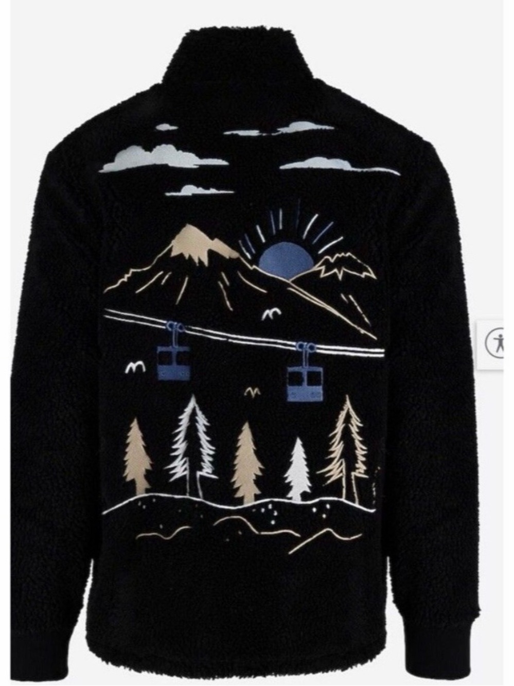 Express Mens L Embroidered Winter Ski Scene Sherpa Fleece Pullover BLack NWOT